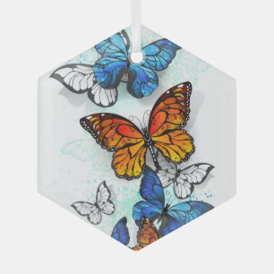 Flying Butterflies Morpho and Monarch Glass Tree Decoration