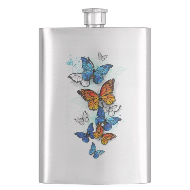 Flying Butterflies Morpho and Monarch Hip Flask (Front)