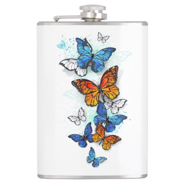 Flying Butterflies Morpho and Monarch Hip Flask (Front)