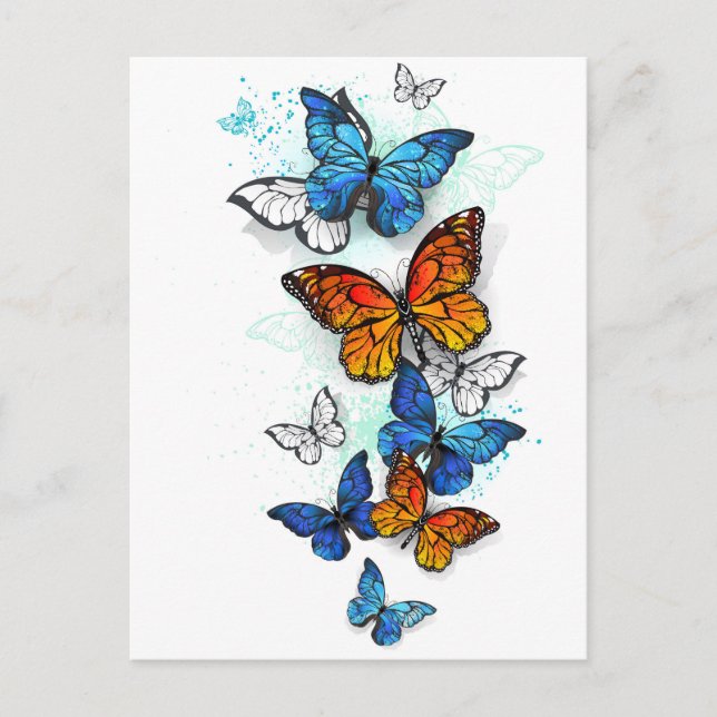 Flying Butterflies Morpho and Monarch Invitation Postcard (Front)