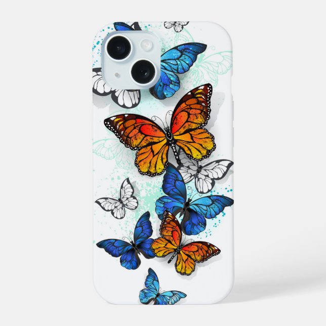 Flying Butterflies Morpho and Monarch iPhone 15 Case (Back)