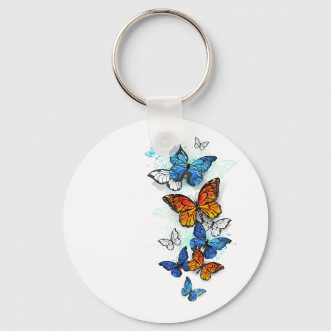 Flying Butterflies Morpho and Monarch Key Ring (Front)