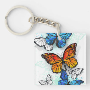 Flying Butterflies Morpho and Monarch Key Ring