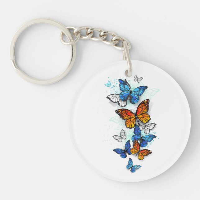 Flying Butterflies Morpho and Monarch Key Ring (Front)