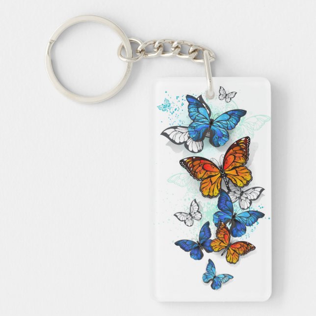 Flying Butterflies Morpho and Monarch Key Ring (Front)