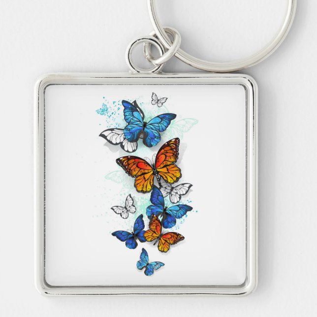 Flying Butterflies Morpho and Monarch Key Ring (Front)