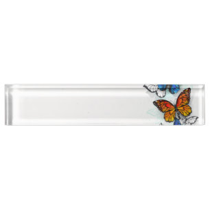 Flying Butterflies Morpho and Monarch Nameplate