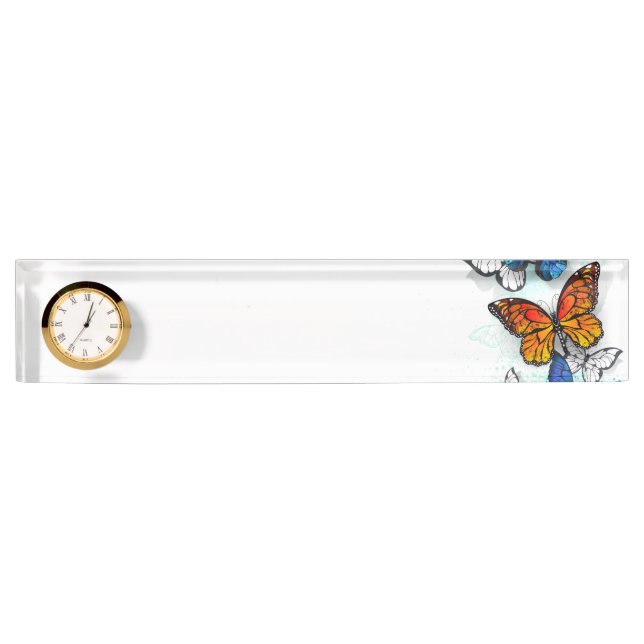 Flying Butterflies Morpho and Monarch Nameplate (Front)