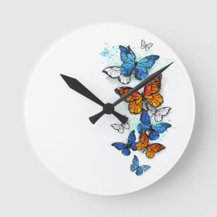Flying Butterflies Morpho and Monarch Round Clock
