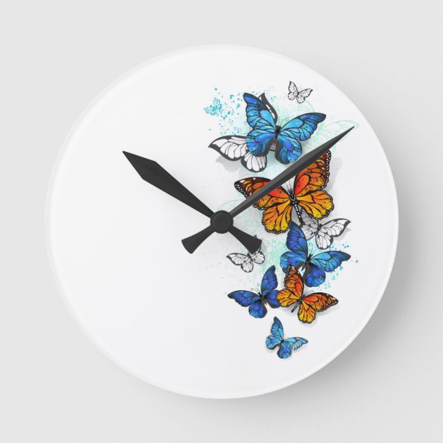 Flying Butterflies Morpho and Monarch Round Clock (Front)