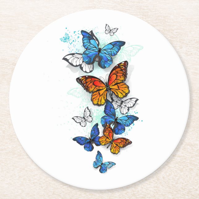 Flying Butterflies Morpho and Monarch Round Paper Coaster (Front)