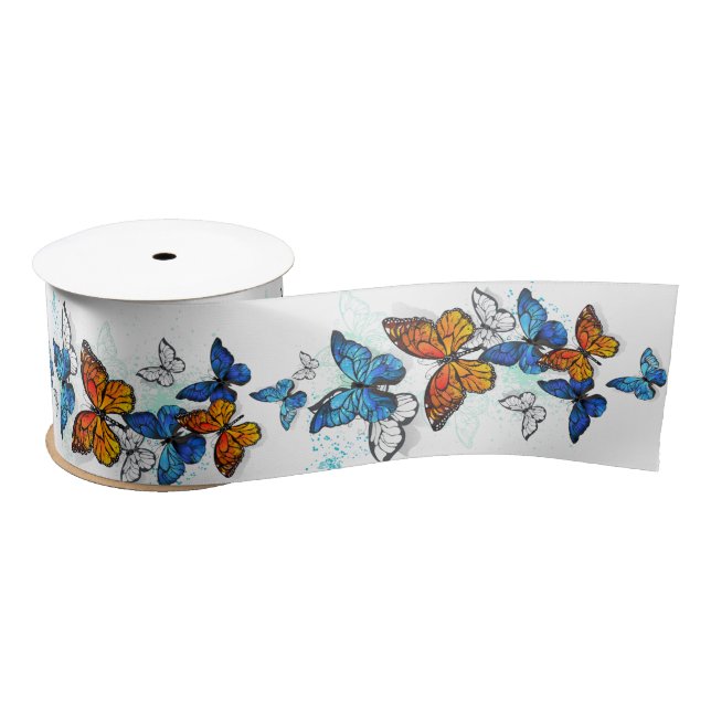 Flying Butterflies Morpho and Monarch Satin Ribbon (Spool)
