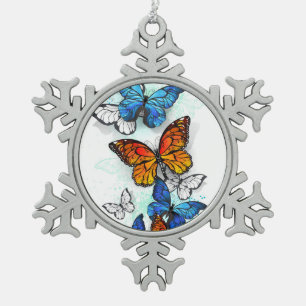 Flying Butterflies Morpho and Monarch Snowflake Pewter Christmas Ornament