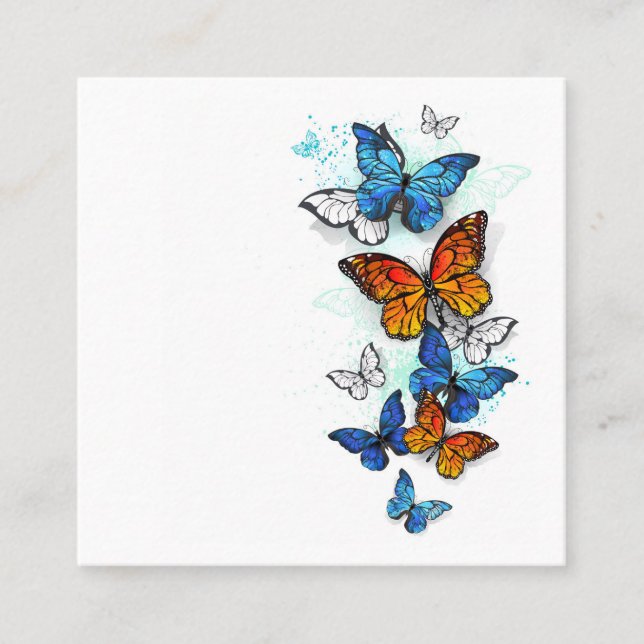 Flying Butterflies Morpho and Monarch Square Business Card (Front)
