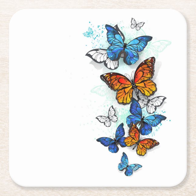 Flying Butterflies Morpho and Monarch Square Paper Coaster (Front)
