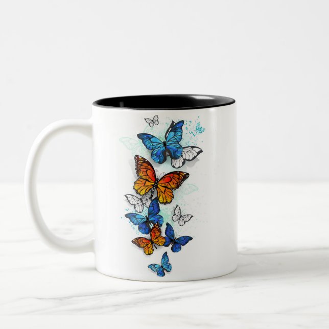 Flying Butterflies Morpho and Monarch Two-Tone Coffee Mug (Left)