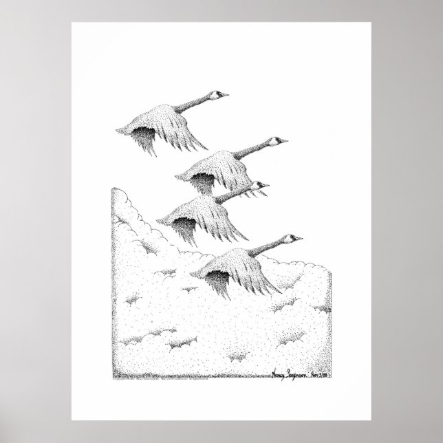 Flying Canada Geese Pen and Ink Drawing Poster (Front)