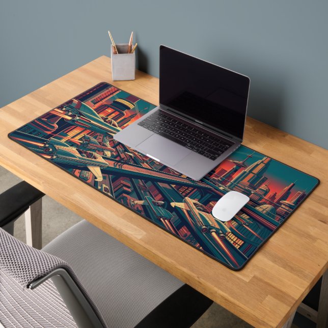  Flying Car Skyway - Retro Future Cityscape Desk Mat (Office 2)