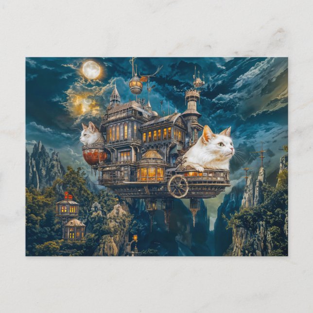 Flying castle cats Steampunk night Postcard (Front)