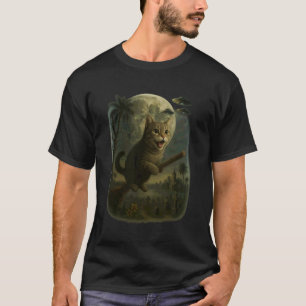 Flying Cat on Broomstick Halloween Night Scene wit T-Shirt