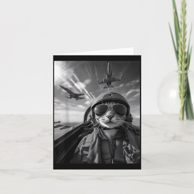 Flying Cat Selfie Funny Fighter Pilot Meme Jet Fly Card (Front)