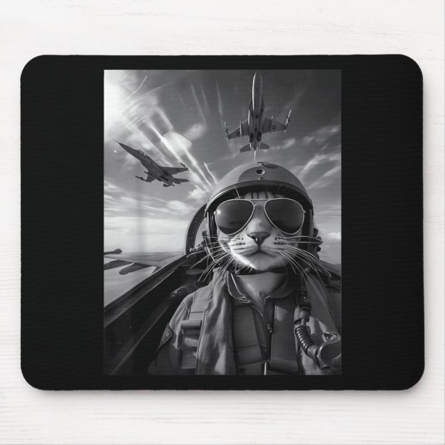 Flying Cat Selfie Funny Fighter Pilot Meme Jet Fly Mouse Pad (Front)