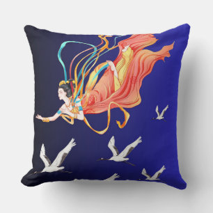 Flying Chinese Goddess Dunhuang Art with Red-Crown Cushion