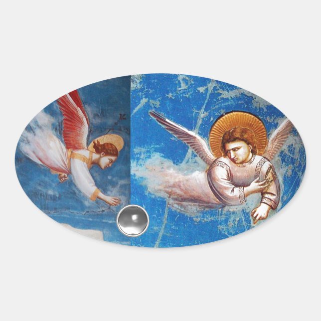 FLYING CHRISTMAS ANGELS IN BLUE SKY HOLIDAY PARTY OVAL STICKER (Front)