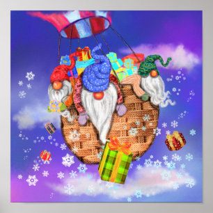 Flying Christmas Gnomes Gives Gifts Poster
