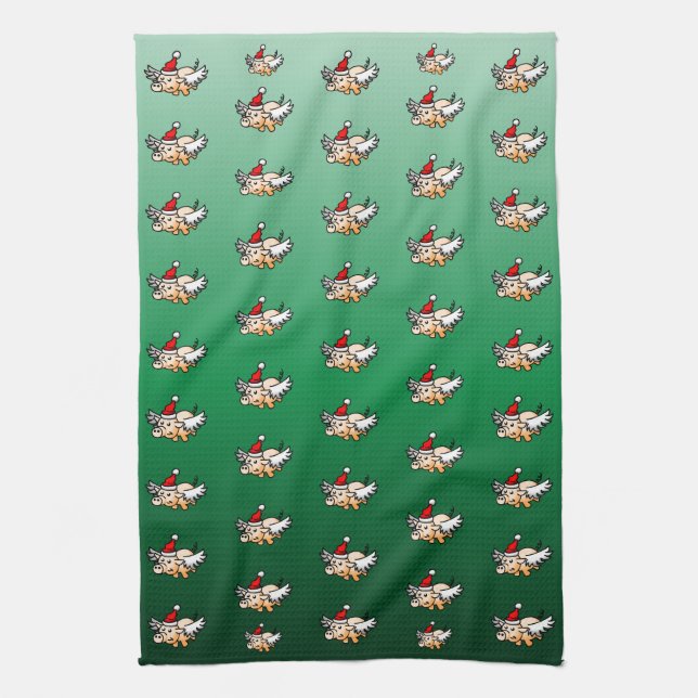 Flying Christmas Pig  Tea Towel (Vertical)