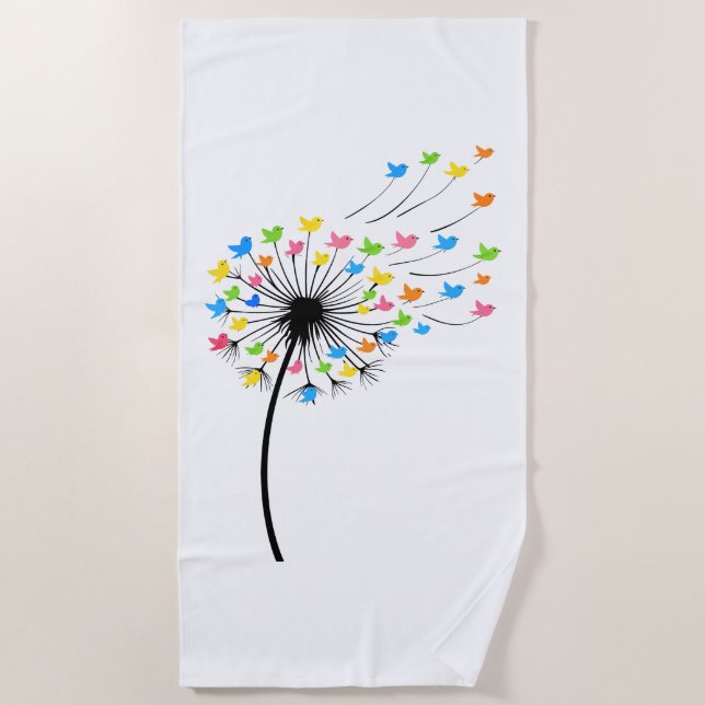 Flying colorful birds dandelion flow beach towel (Front)