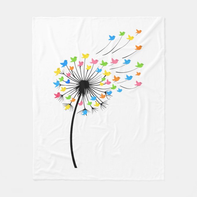 Flying colorful birds dandelion flow fleece blanket (Front)