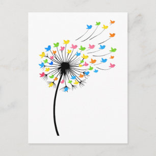 Flying colorful birds dandelion flow postcard