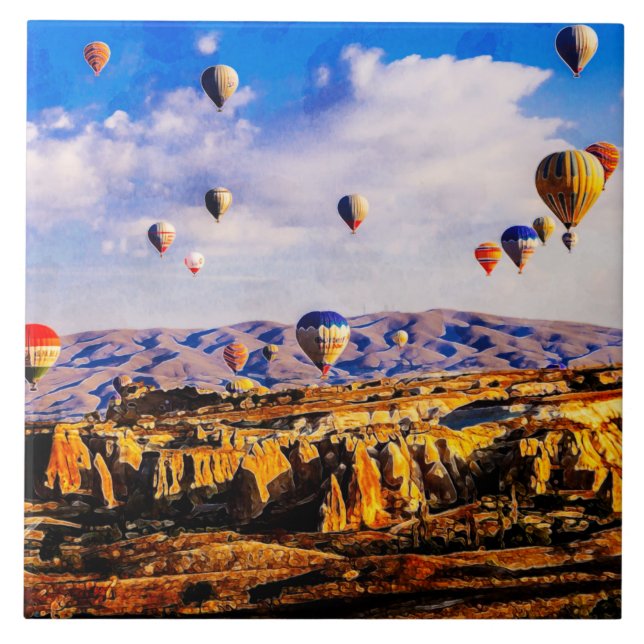 Flying colourful air balloons.  Cappadocia, Turkey Ceramic Tile (Front)