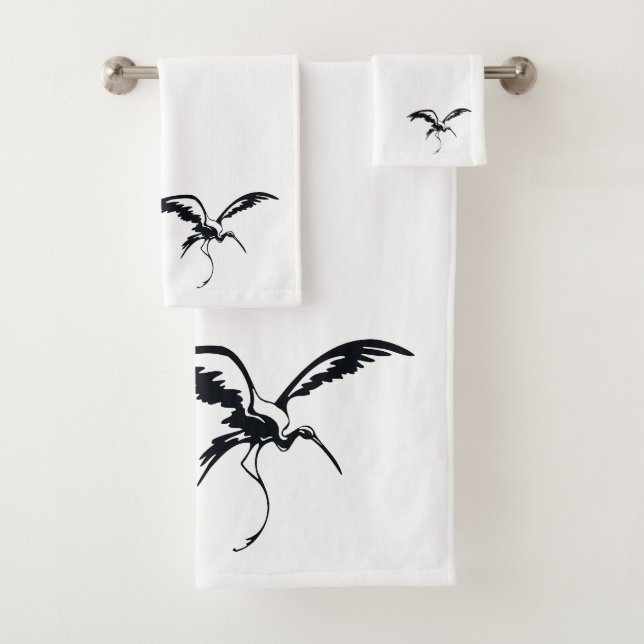 Flying Crane Line Art Bath Towel Set (Insitu)
