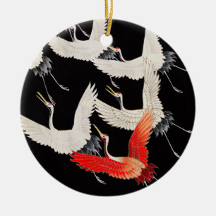 Flying Cranes: Japanese Bird Kimono Art Ceramic Ornament