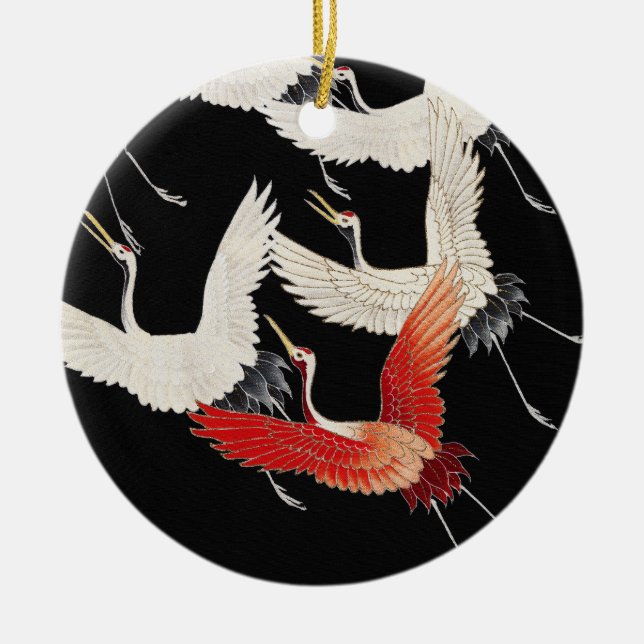 Flying Cranes,Japanese Bird Kimono Art Ceramic Ornament (Front)