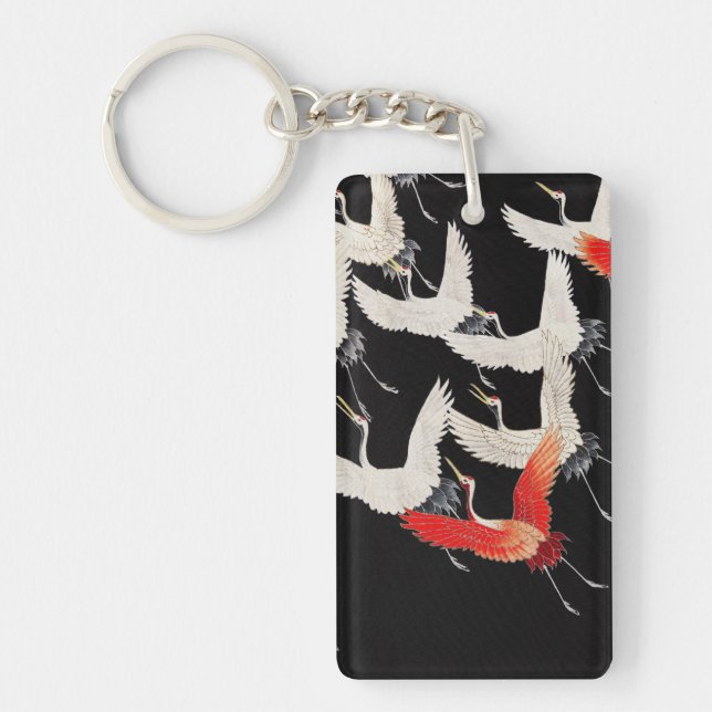 Flying Cranes: Japanese Bird Kimono Art Key Ring (Front)