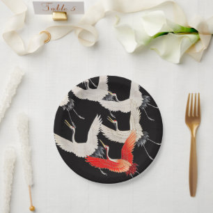 Flying Cranes: Japanese Bird Kimono Art Paper Plate