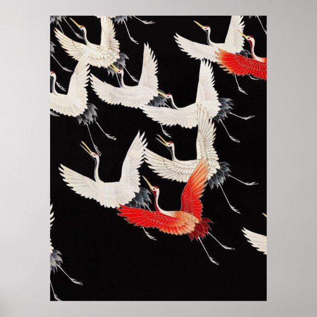 Flying Cranes: Japanese Bird Kimono Art Poster (Front)