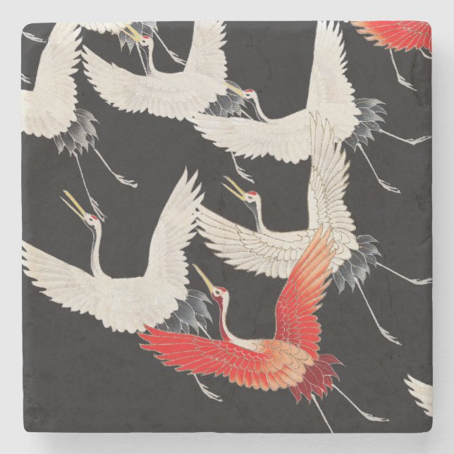 Flying Cranes: Japanese Bird Kimono Art Stone Coaster (Front)