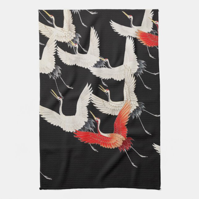 Flying Cranes: Japanese Bird Kimono Art Tea Towel (Vertical)