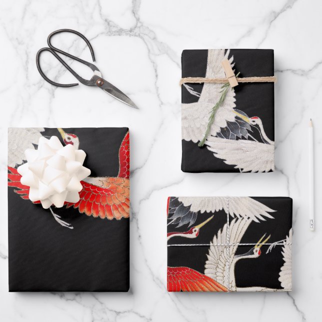 Flying Cranes: Japanese Bird Kimono Art Wrapping Paper Sheet (Front)