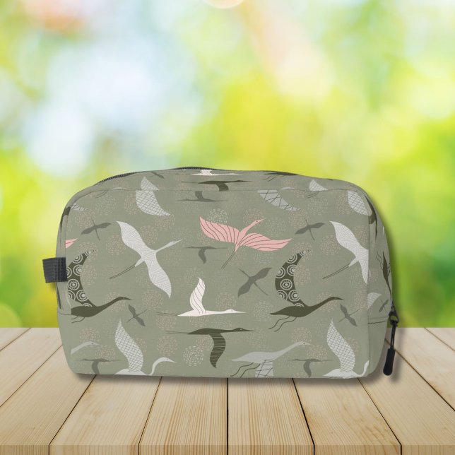 Flying cranes pattern on sage green dopp kit (Creator Uploaded)