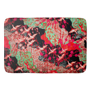 FLYING CRANES ,SPRING FLOWERS Red Japanese Floral  Bath Mat