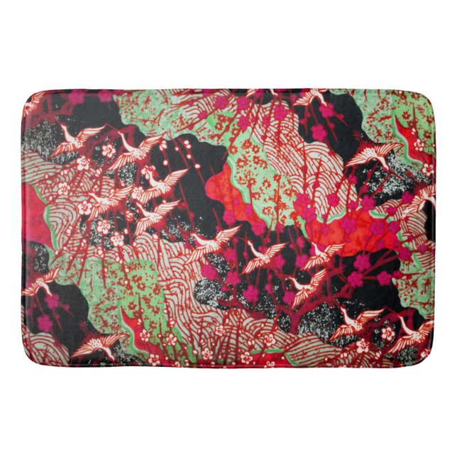 FLYING CRANES ,SPRING FLOWERS Red Japanese Floral  Bath Mat (Front)