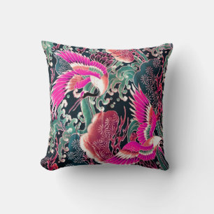 FLYING CRANES,WAVES,FLOWERS Pink Japanese Floral Cushion