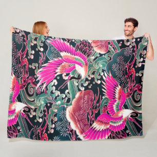 FLYING CRANES,WAVES,FLOWERS Pink Japanese Floral Fleece Blanket