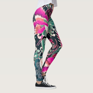 FLYING CRANES WAVES,FLOWERS Pink Japanese Floral Leggings