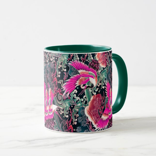 FLYING CRANES,WAVES,FLOWERS Pink Japanese Floral Mug (Front Right)
